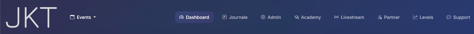 Navigator Menüleiste mit Dashboard, Journal, Admin, Academy, Livestream, Partner, Levels und Support